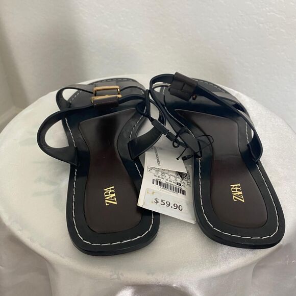 NWT Zara Boho Brown Double Strap Gold Buckle Sandal Slides US 10 / EU 41 - Picture 3 of 6